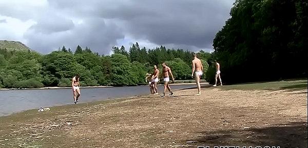  Gay jocks sneak out from the group for a forest fuck